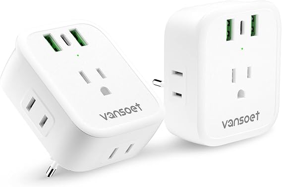[2-Pack] European Travel Plug Adapter, International Power Plug Adapter with USB C 20W 4 Outlets 3 Fast Charge Ports (PD&QC), Type C Plug Adapter Travel Essentials to Europe Spain Italy France Germany