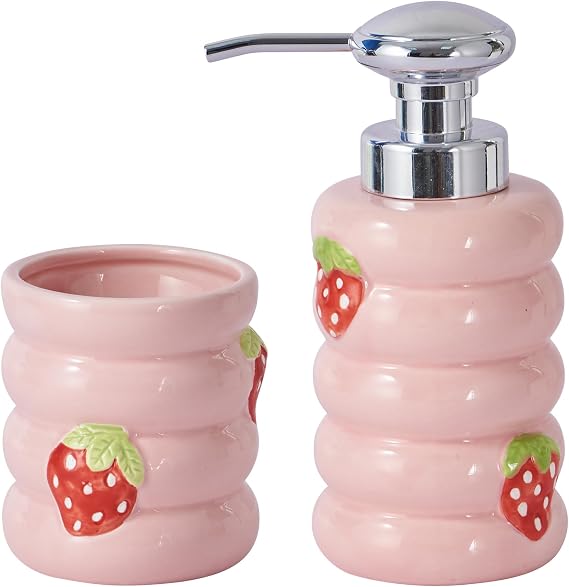 Pink Bathroom Accessories Set, 2PC Strawberry Soap Dispenser & Toothbrush Holder Set, Ceramic Bathroom Set, Cute Pink Bathroom Decor for Home, Housewarming Gifts