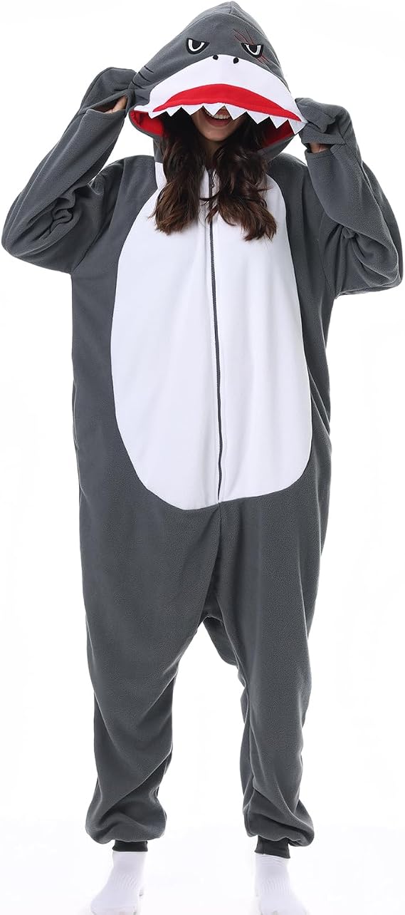 Adult Onesie Pajamas Shark Costume Cosplay Animal Plush Sleepwear Halloween Unisex Homewear One Piece for Men Women