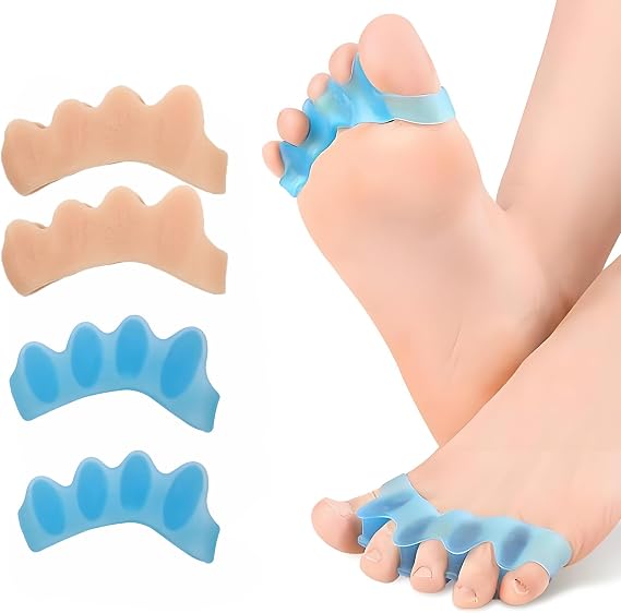 Silicone Toe Spreaders for Men & Women - Correct Curled Toes, Bunion & Hammer Toe Support, Reusable & Washable Adjustable Unisex Toe Spacer(4 Pack) (Skin Tone + Blue)