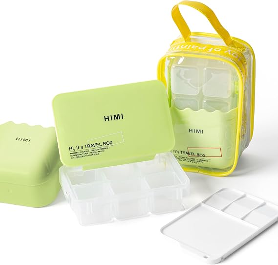 HIMI Travel Box Gouache Set Holds up to 12 Colors, Mixing Palette, Brush Washer Bucket with Built-in Cleaning Grooves, Unique Portable Carry Bag for Artists & Beginners