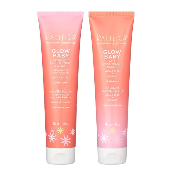 Pacifica Glow Baby Body Lotion & AHA Scrub Set Brightening Vitamin C Body Lotion (5 oz) + AHA Exfoliating Body Scrub, 2-Step Radiance Duo for Smooth Glowing Skin, Vegan