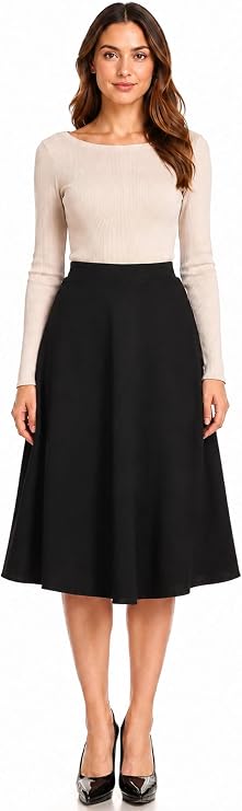 FashionJOA Women's Solid Basic Casual Elastic Waist A-line Flared Midi Skirt S-3XL