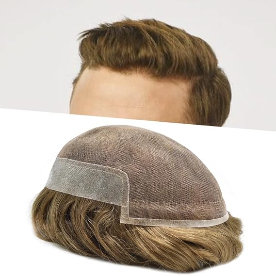 Mens Toupee Hair System Replacement French Lace Front Hairpiece for Men PU Poly Skin Male Prosthesis Unit Pre Plucked Hairline 6"X8"-80% Light Density#17R Brown/Blonde Mix Warm Tone