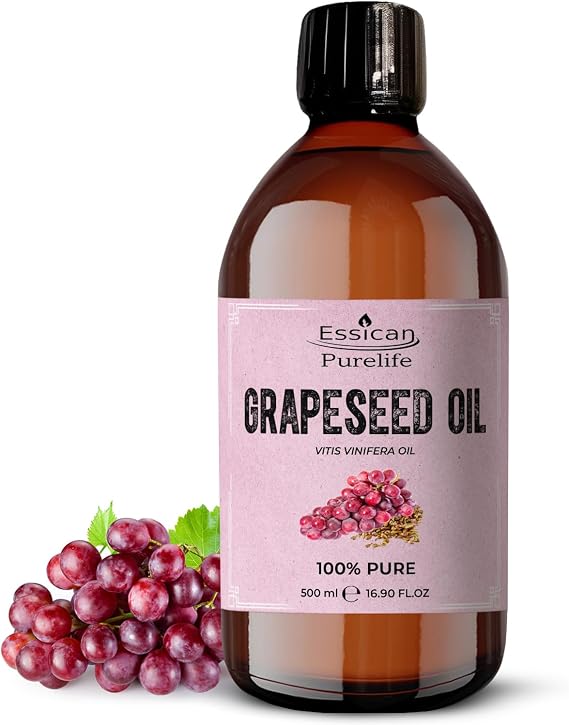 Essican Purelife 500ml Pure Grape Seed Oil for Hair, Skin & Beard, Natural Grapeseed Oil Massage Aromatherapy Body Massage Oils - Multi Use & Nourishing Scalp Moisturiser Oils with Vitamin E