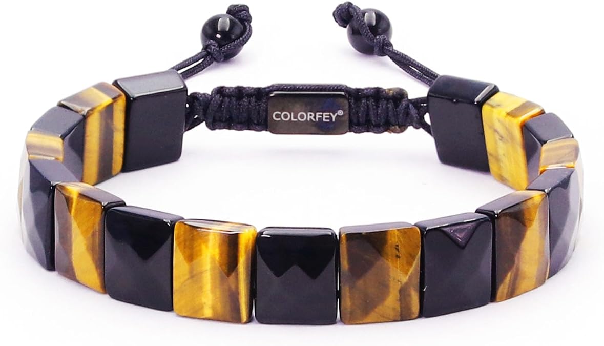 Protection Crystals Beaded Bracelets for Men Mens Bracelet Healing Tiger Eye Black Obsidian Stone Bracelets for Men, Drawstring Crystal Bracelet for Mens Handmade Beaded Jewelry for Him