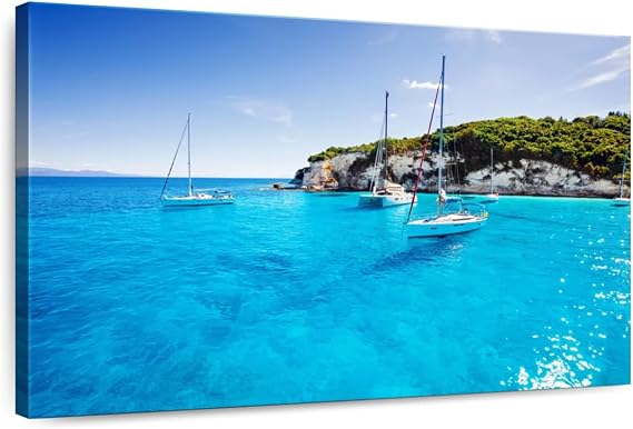 ElephantStock - Sailboats At Paxos Island Wall Art - Horizontal Canvas Wall Art - Living Room Wall Decor - Photography Transportation Canvas Art - Blue And Turquoise Decor - 12" x 8"