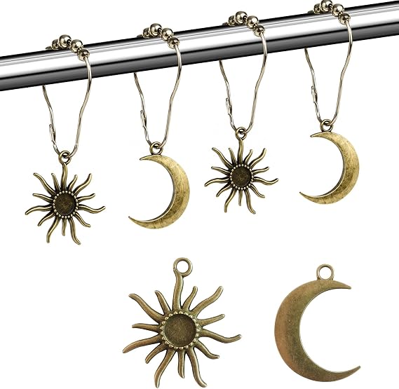 Sun Moon Celestial Shower Curtain Hooks - Mid Century Abstract Boho, Minimalist Vintage Cute, Chic Mystic Fantasy Goth Nature Bathroom Decor