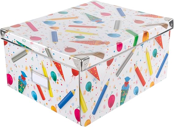 Idena 20225 Storage Box with Lid School Design Approx. 35 x 28 x 17 cm Storage Basket Made of Solid Cardboard with Reinforced Metal Edges Includes Labelling Field