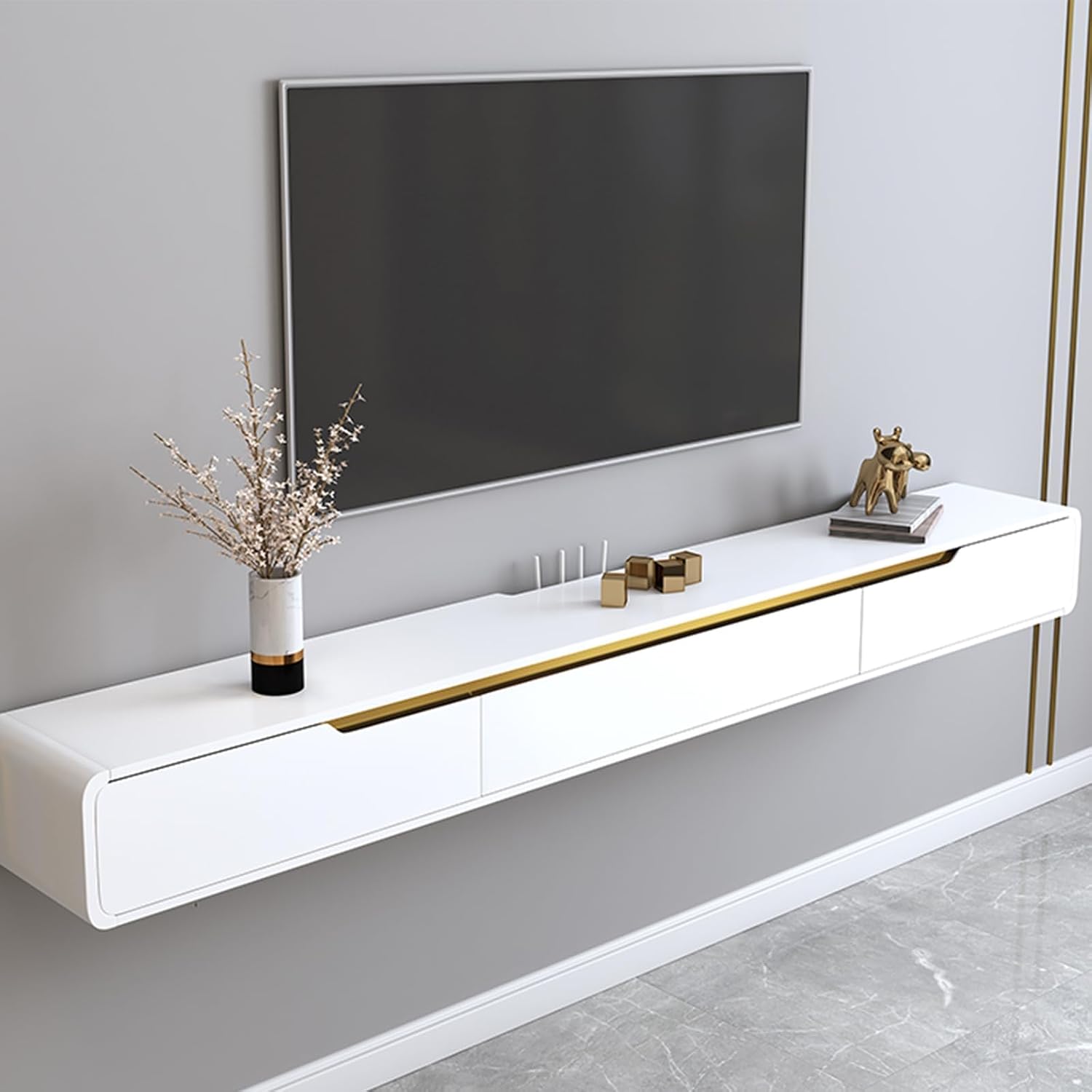 Solid wood Floating TV Stand, With 2 drawers floating tv cabinet, Floating tv unit wall mounted, completely assembled living room wall mounted tv unit White, 120cm
