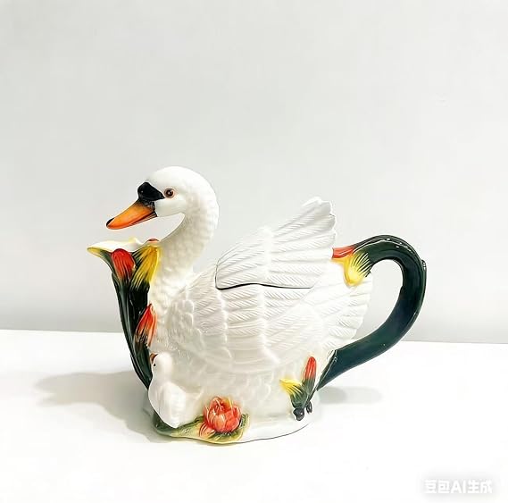 Ceramic White Swan Coffee Pot, Teapot, Unique Desktop Decorations and Ornaments