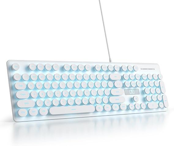 Typewriter Keyboard 104-key Punk Gaming Retro Keyboard LED Ice Blue Backlit Cute Keyboard with Wired USB Suitable for PC/Win/Mac/Laptop Computer Keyboard(White)