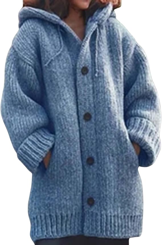 Casual Winter Button Down Open Front Cardigan for Womens Fall Long Sleeve Cable Knitted Hooded Sweaters Coats