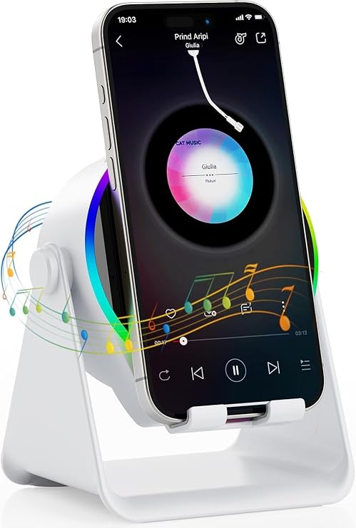 Wireless Induction Audio Bluetooth Speaker, 4-in-1 Design with RGB, Anti-Slip Base for 4-13" Phones, Bluetooth 5.3, Instant Play, Perfect Tech Gift (White)