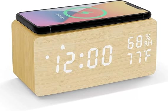 Wooden Digital Alarm Clock, Sound Control Temperature Yellow
