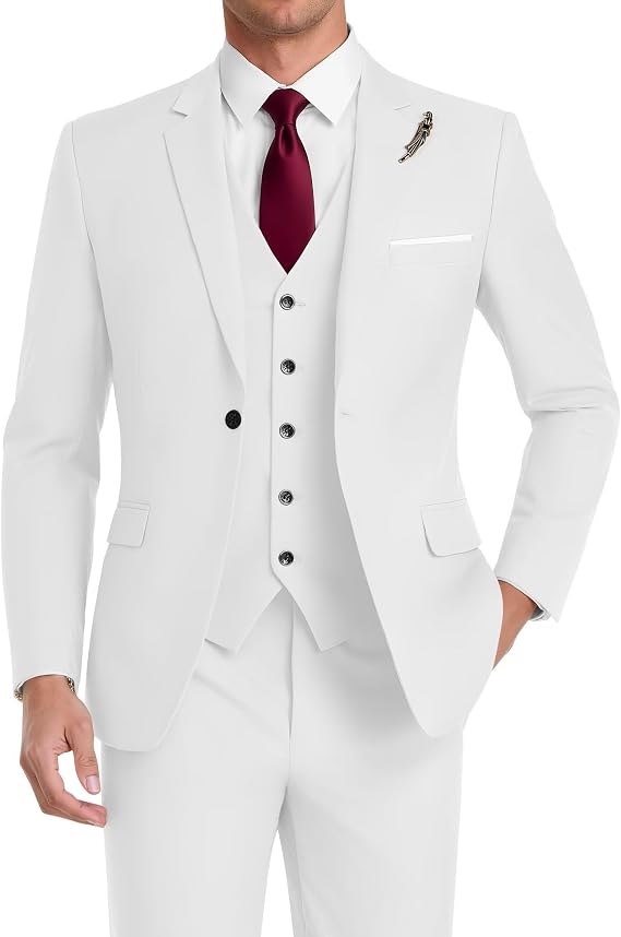 HANBANGWEI Men Slim Fit Suits 3 Piece Wedding Prom Business Groomsmen Suit One Button Blazer Jacket Vest Pants Tuxedo Set