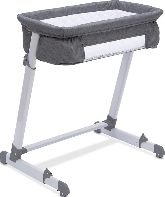 Simmons Kids By The Bed City Sleeper Bassinet - Adjustable Height Portable Crib with Wheels & Airflow Mesh, Grey Tweed