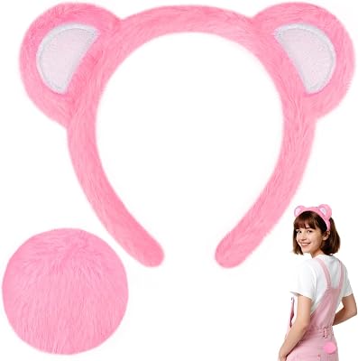 Shintop Bear Ears Headband and Tail Set, Fuzzy Animal Ears Hairband Cute Halloween Accessories for Cosplay, and Gifting