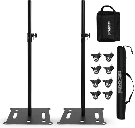 5 Core Speaker Stand Universal Mount Steel Construction 100 Lbs Capacity with Adjustable Height 61 Inch w 35mm Compatible Insert Metal Safety Pin and Wheels Black - SS SQ BLK