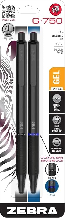 Zebra Pen STEEL Series Premium Gel Pen G-750 Retractable, 0.7mm Medium Point, Rapid Dry Ink, Comfort Knurled Grip, Black Brass Barrel, Refillable, Japanese Craft Detail, 1 Black & 1 Blue