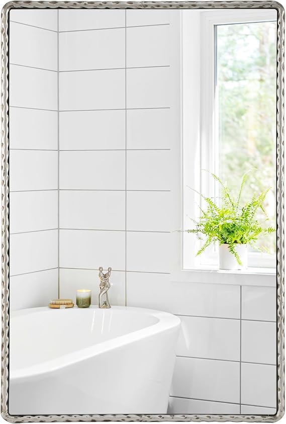 Rectangle Bathroom Mirror with Rounded Corner-Antique Silver Finish Hammered Metal Frame Large Wall Mirrors Decorative,Ornate Mirrors for Wall,Hangs Horizontally or Vertically, 24x36 Inches