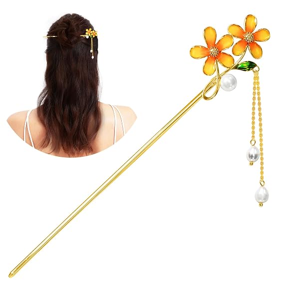 Hair Accessories,14k Gold Plated Copper, Vintage Handcrafted, Colour Enamels Small Daisy Pearl Tassels Hair Stick,Hair Clip. 7.28" Hair Chopsticks For Women