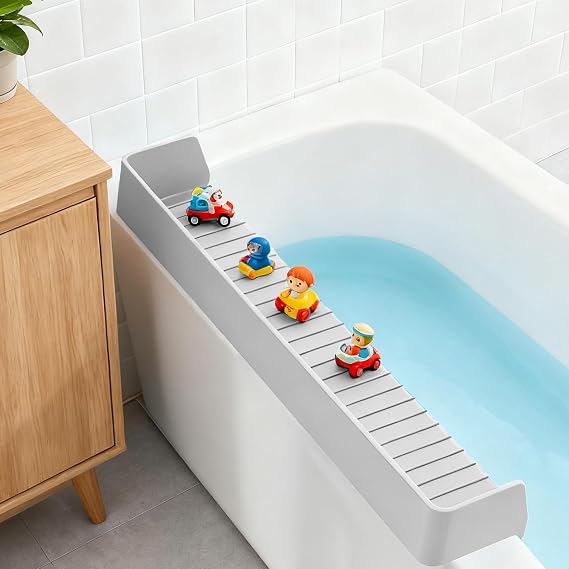 Bathtub Splash Guard for Kids Silicone 2.6FT Shelf 11 Suction Cups (Grey)