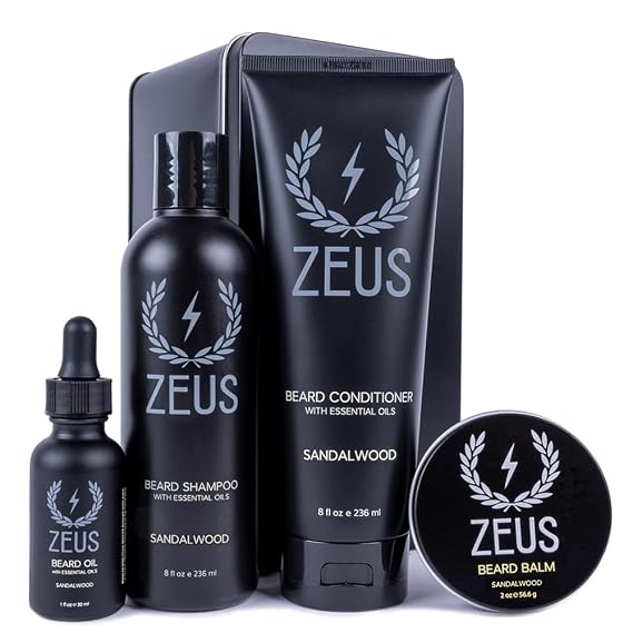 ZEUS Everyday Beard Wash & Conditioning Kit for Men (Sandalwood) | Daily Premium Beard Grooming Set with Beard Wash, Natural Oil & Balm in Gift Tin for Healthier Facial Hair (Made in USA)