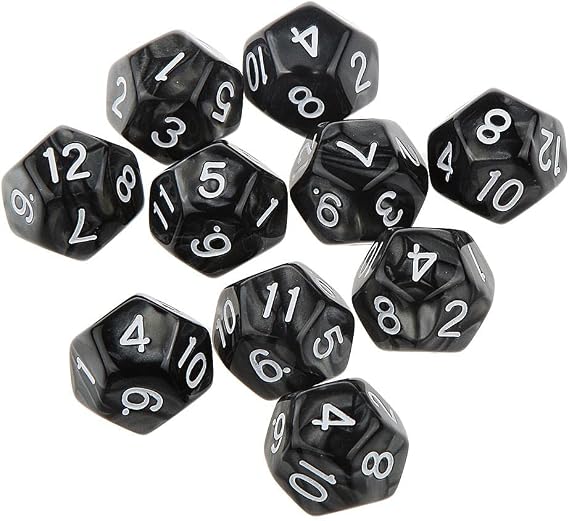 Bulk Set of 10 Black D12 Twelve Sided Dice - Premium Acrylic - Great for TRPG Games - for D&D and MTG Players - Perfect Table Party Accessory
