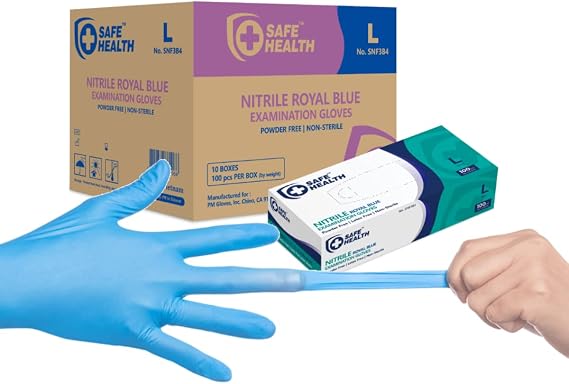 Safe Health Nitrile Exam Gloves 4 mil, Latex-Free, Powder-Free, Disposable, Blue, Medical Grade, Food, Cleaning Use