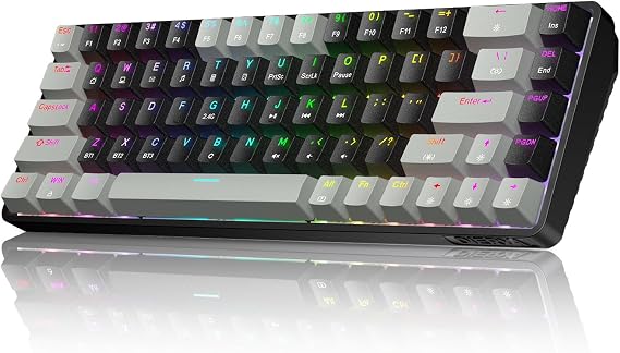 DIERYA DK68 60% Wireless Mechanical Gaming Keyboard, 3 Modes Bluetooth/2.4GHz/USB-C with Red Linear Switch, RGB Backlit, Anti-Ghosting, 68-Key Compact mini keyboard for Windows/macOS/Linux- Grey/Black