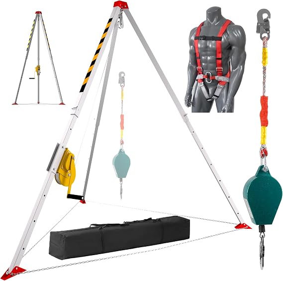 Confined Space Tripod Kit, 3000 Lbs Winch, Steel Confined Space Rescue Tripod with Adjustable 7' Legs & 98' Cable, 33' Fall Protection/Harness/8' Protection Chain, Safety Self-Locking Device