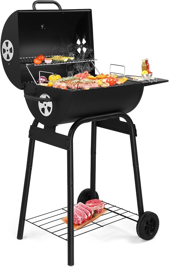 Barrel Charcoal Grill with Side Table and Wheels, Small Charcoal BBQ Grill, Outdoor Barbecue Grills with Thermometer, 270 Sq.In. Cooking Space for Backyard Patio Camping Picnics, Black