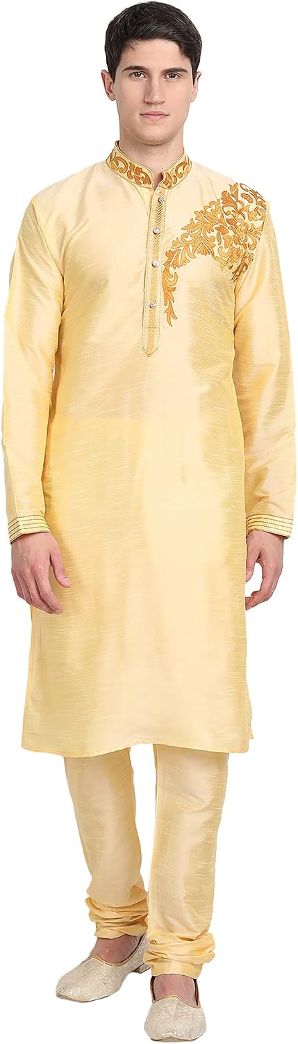 SKAVIJ Men's Dupion Silk Thread Work Kurta Pajama Ethnic Motifs Floral Ethnic Dress