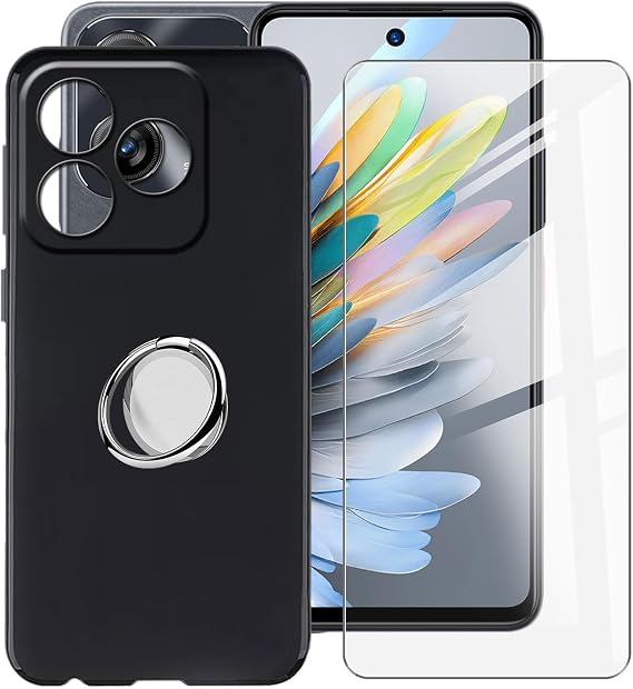 Black Case for ZTE Blade V60 Smart (6.60") with 1 x Tempered Glass +360 Cell Phone Metal Ring Holder, Slim Soft Silicone Military Grade Shockproof TPU Cover for ZTE Blade V60 Smart