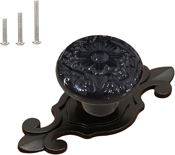 HUAMULAN 10 Pack Retro Ceramic Knobs Vintage Dresser Kitchen Petal Cabinet Pulls Cupboard Wardrobe Drawer Handles, Black Base Backplate
