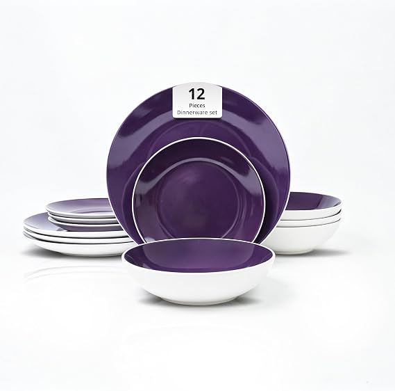 HomeVss, Stoneware Coupe Shape 12pc Dinnerware Set, Outside White + Inside Purple