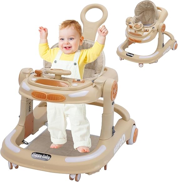 Baby Walker with Push Handle and Floor Mat, Anti-Collision Design and 5 Height Adjustment, Learning Walker with Removable Game Table, Dinner Plate and Brake for Baby Toddler