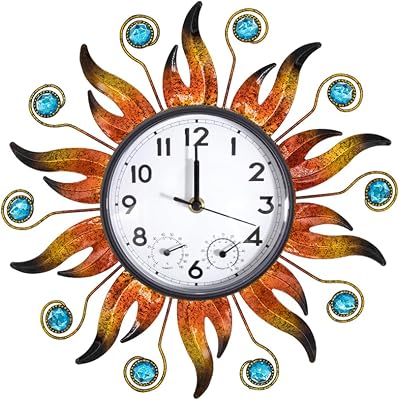 Sun Outdoor Clock with Thermometer and Hygrometer Combo, Silent No-Ticking Outdoor Wall Clock, Waterproof Quartz Clock for Patio, Living Room, Kitchen, Garden, 13 Inch