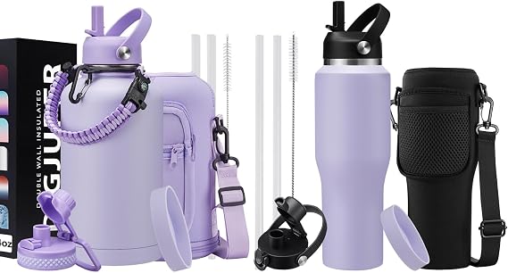 32 oz Water Bottles that Fit Cup Holders and 64oz Water Flask, Stainless Steel Water Bottle with Straw, Paracord Handle & Sleeve Strap