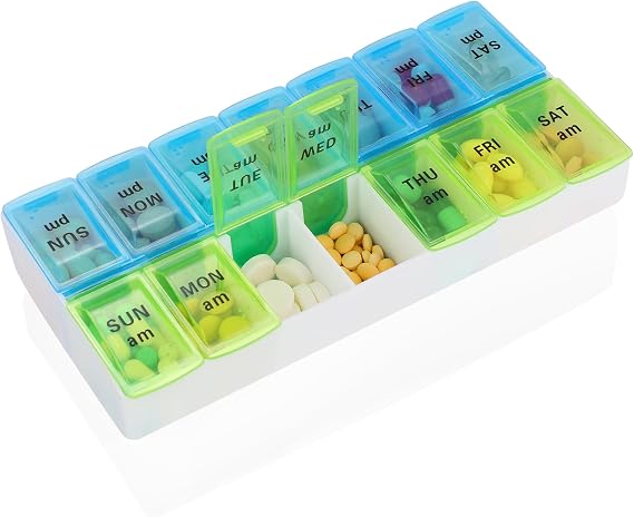 Weekly Pill Organizer 2 Times A Day 7 Day Pill Box Holder Large Daily Medicine Organizer Travel Pill Case Pill Container (2 Times Blue+Green)