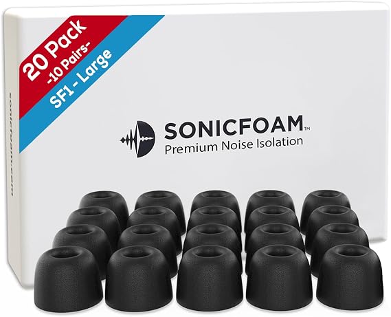 SONICFOAM SF1 Large - Memory Foam Earbud Tips - 10 Pairs - Black
