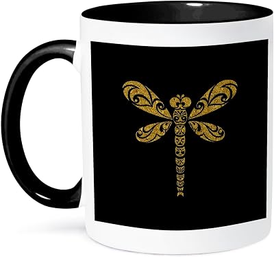 3dRose Dragonfly Totem Tattoo Art Opulent Art Deco Style 11oz Two-Tone Black Mug