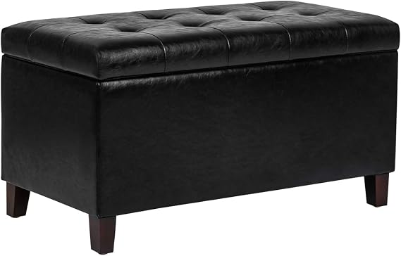 Adeco Storage Ottoman, Faux Leather Rectangular Tufted Upholstered Bench with Wood Legs, Footrest Stool Coffee Table for Living Room Bedroom Entryway Hallway (Black)