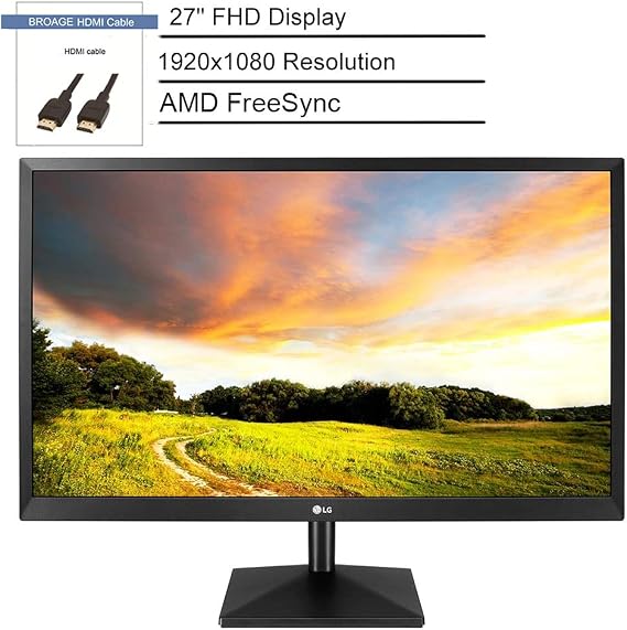 LG 27" FHD Gaming Monitor with AMD FreeSync, 1920x1080 Resolution, 16:9 Aspect Ratio, 1000:1 Contrast Ratio, 2ms Response Time, HDMI, VGA, On-Screen Control, Black, HDMI Cable 6ft