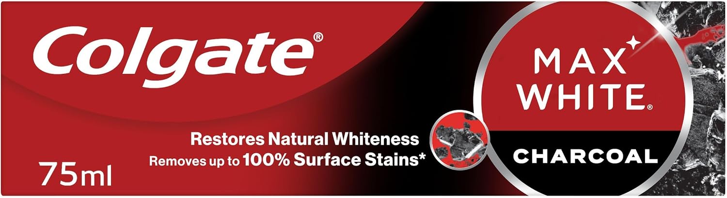 Colgate Max White Charcoal Toothpaste 75ml - Teeth whitening Toothpaste - Clinically Proven Formula - Removes up to 100% of Surface Stains - Activated Charcoal and Mineral Micro-Particles