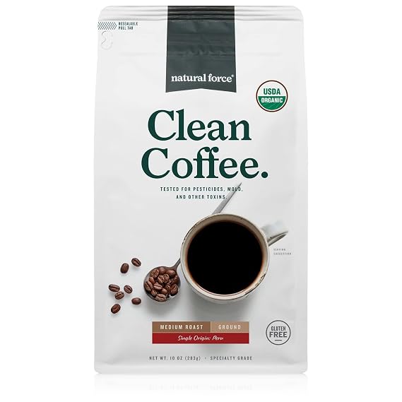 Natural Force Organic Mold Free Coffee, High CGA Coffee, Mycotoxin Free, Low Acidity, Incredible Taste & Aroma, Ground Medium Roast, 10 oz