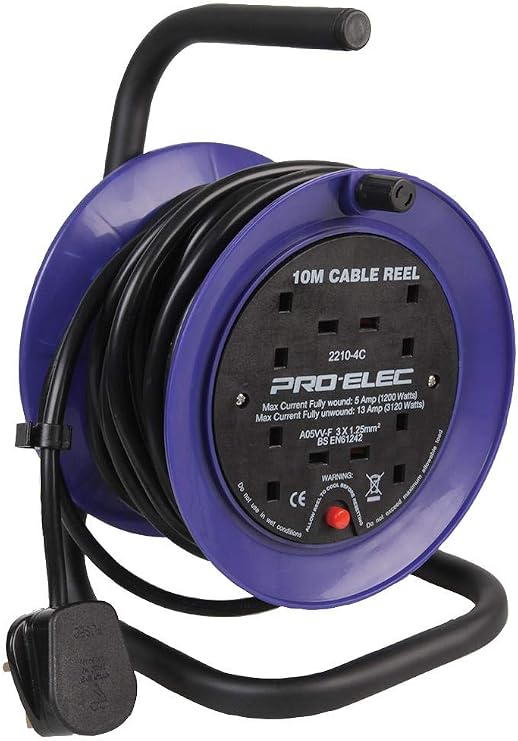 PRO ELEC PEL01273 4-Gang Mini Cable Reel Mains Extension, 10m,Black/Blue