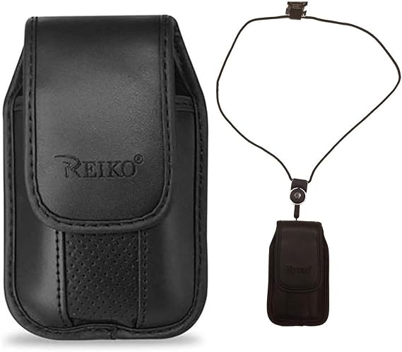 Around the Neck Black Leather Case with Pinch Clip for Verizon FreeTel Etalk Flip Phone