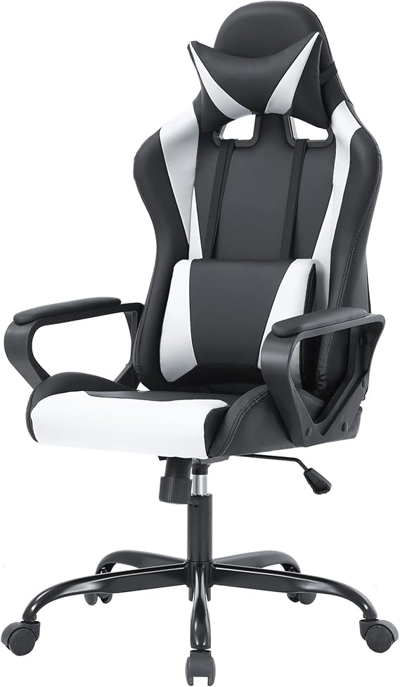 PayLessHere | Gaming Chair | White | with Adjustable Lumbar Support | Ergonomic Racing Style Desk Chair with Recline, Padded Armrests, Headrest, Swivel & Caster Wheels | for Gamers, Home, Office